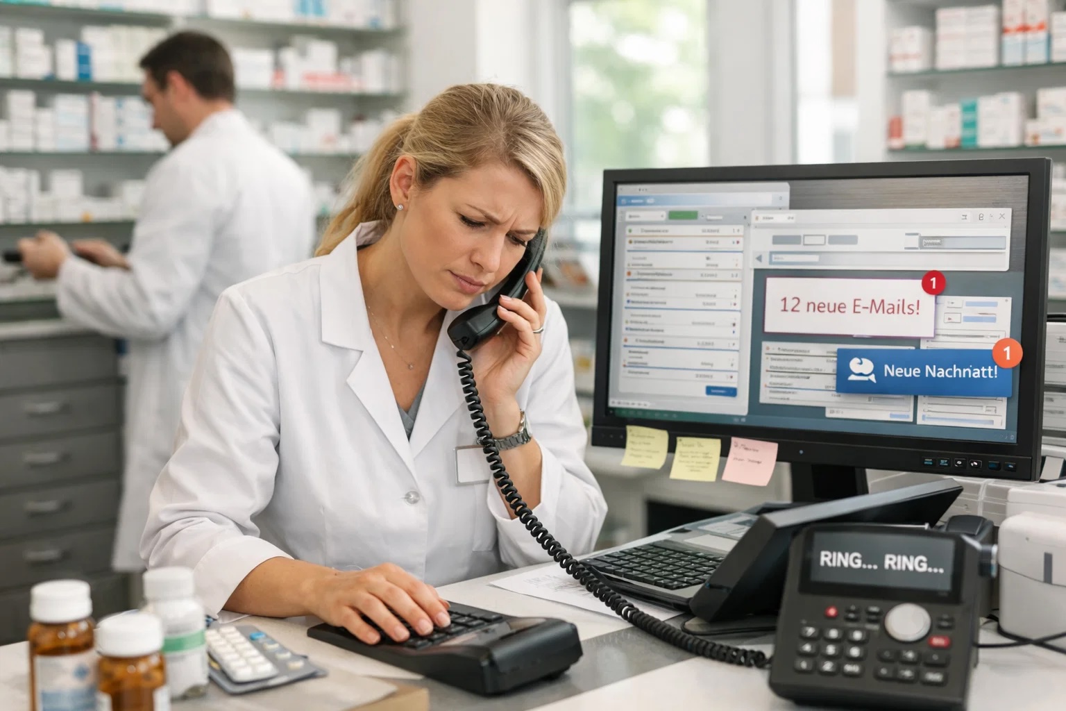 Stark ausgelastete Mitarbeiterin im Apotheken-Backoffice mit Telefon und vielen E-Mails – Symbol für wachsende administrative Last.