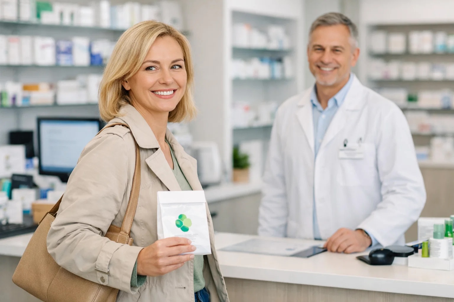 Zufriedene Kundin in der Apotheke – Beratung im Vordergrund, Organisation im Hintergrund.