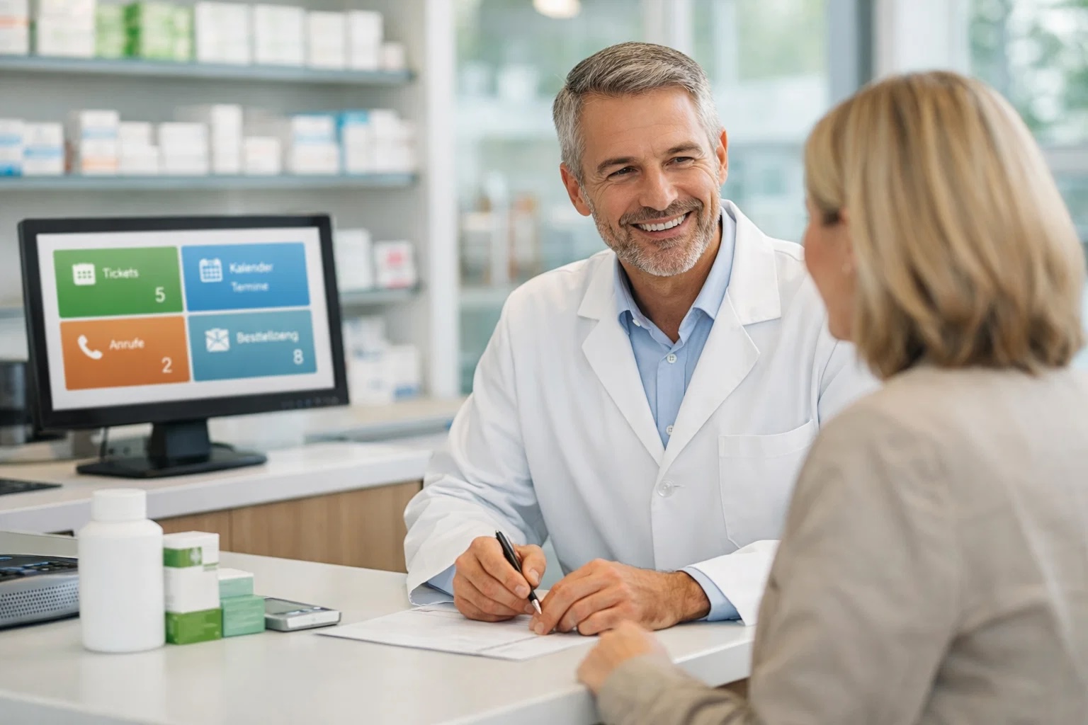 Apotheker im Gespräch mit einer Kundin, während im Hintergrund eine strukturierte Übersicht zu Tickets, Kalender, Anrufen und Bestellungen angezeigt wird.